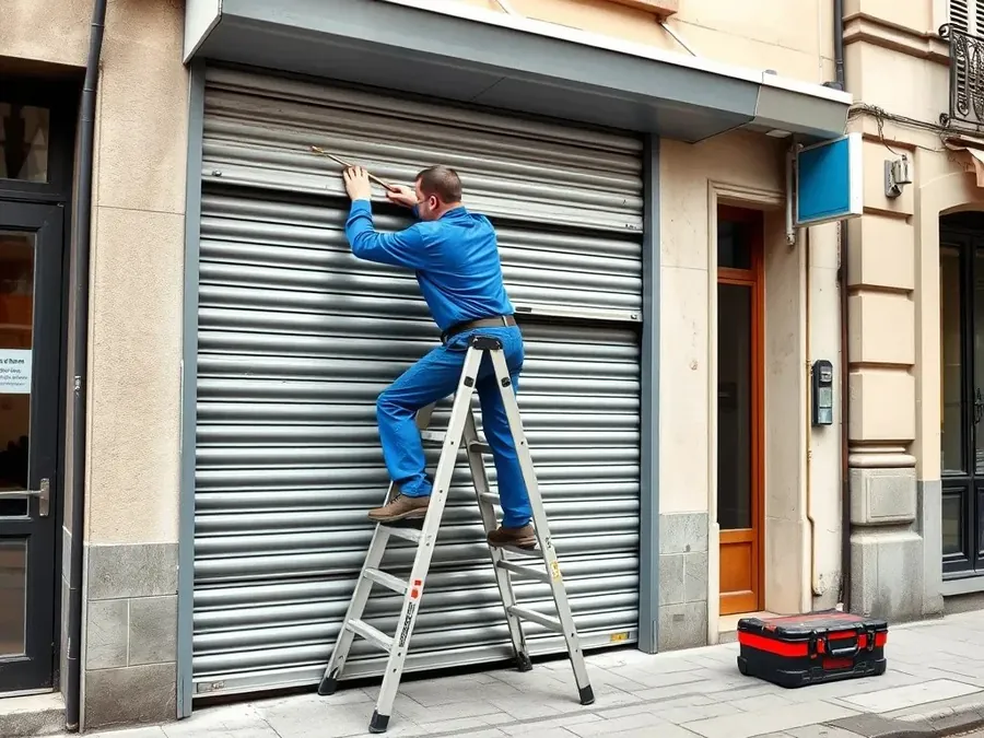 Técnico en una escalera instalando la persiana metálica de un local