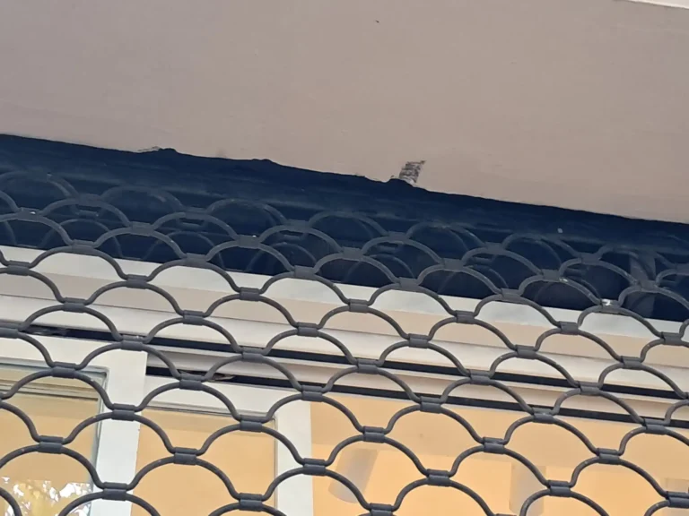 Primer plano de una cornisa blanca y una reja decorativa negra con motivos semicirculares sobre una ventana, reflejos brillantes en el vidrio.