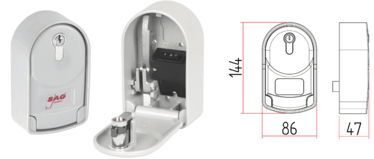 Caja de seguridad para llaves SAG con combinación numérica y dimensiones técnicas